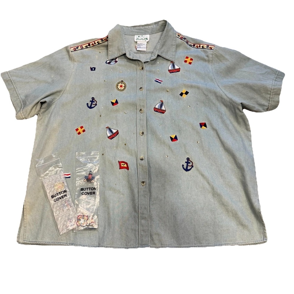 Quacker Factory 2X Nautical Embroidered Denim Shirt Coastal Grandmother